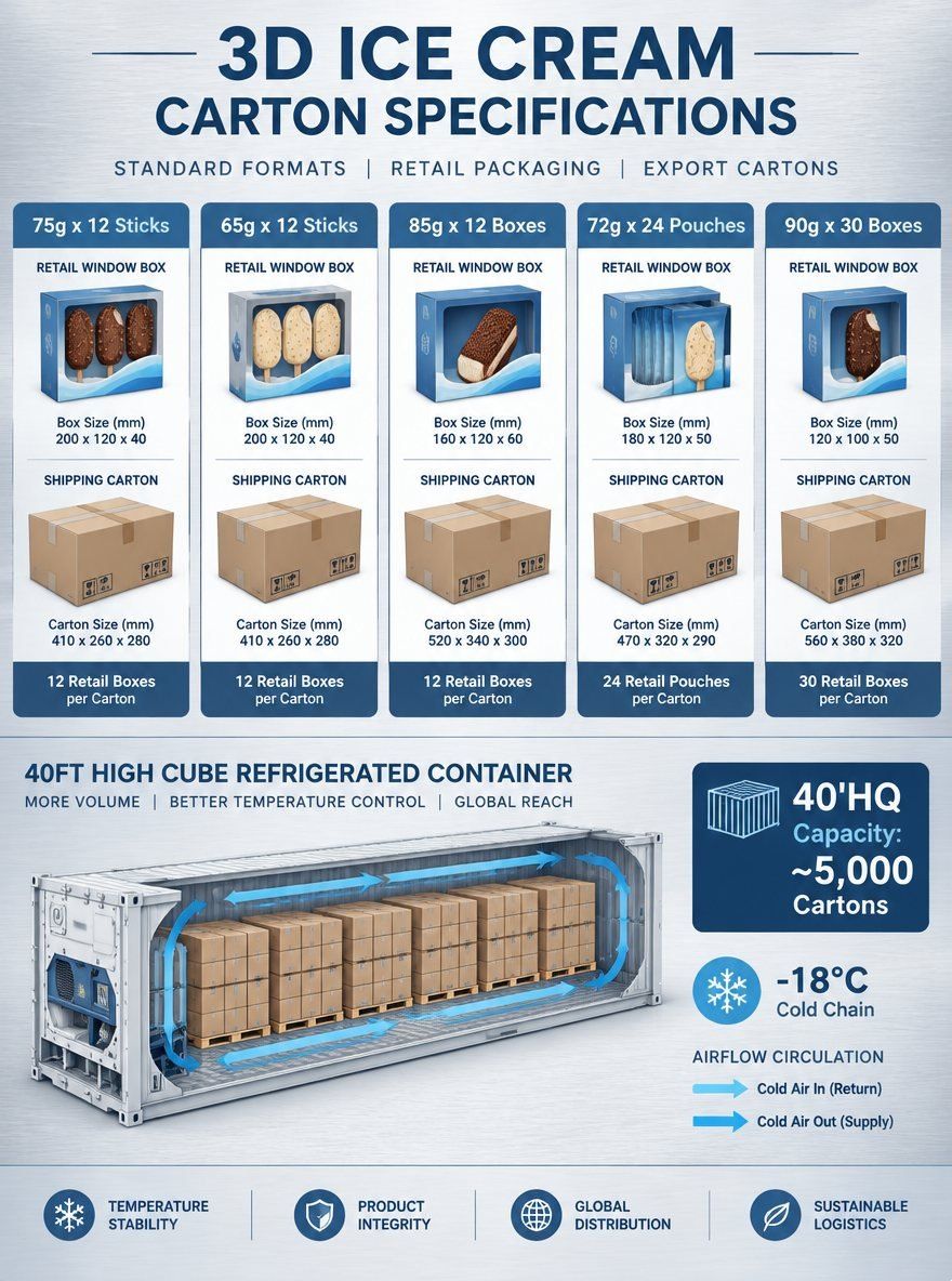 How do piece weights and pack counts vary across 3D ice cream product lines