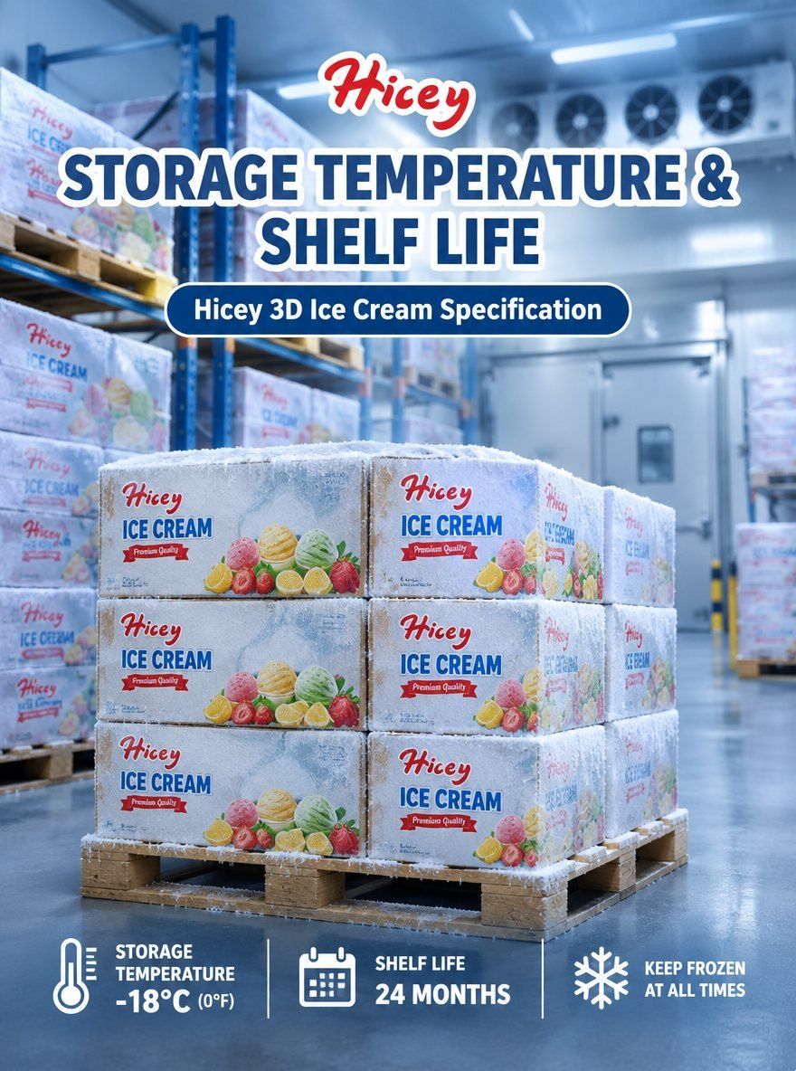 What storage temperature and shelf life does Hicey specify for 3D ice cream