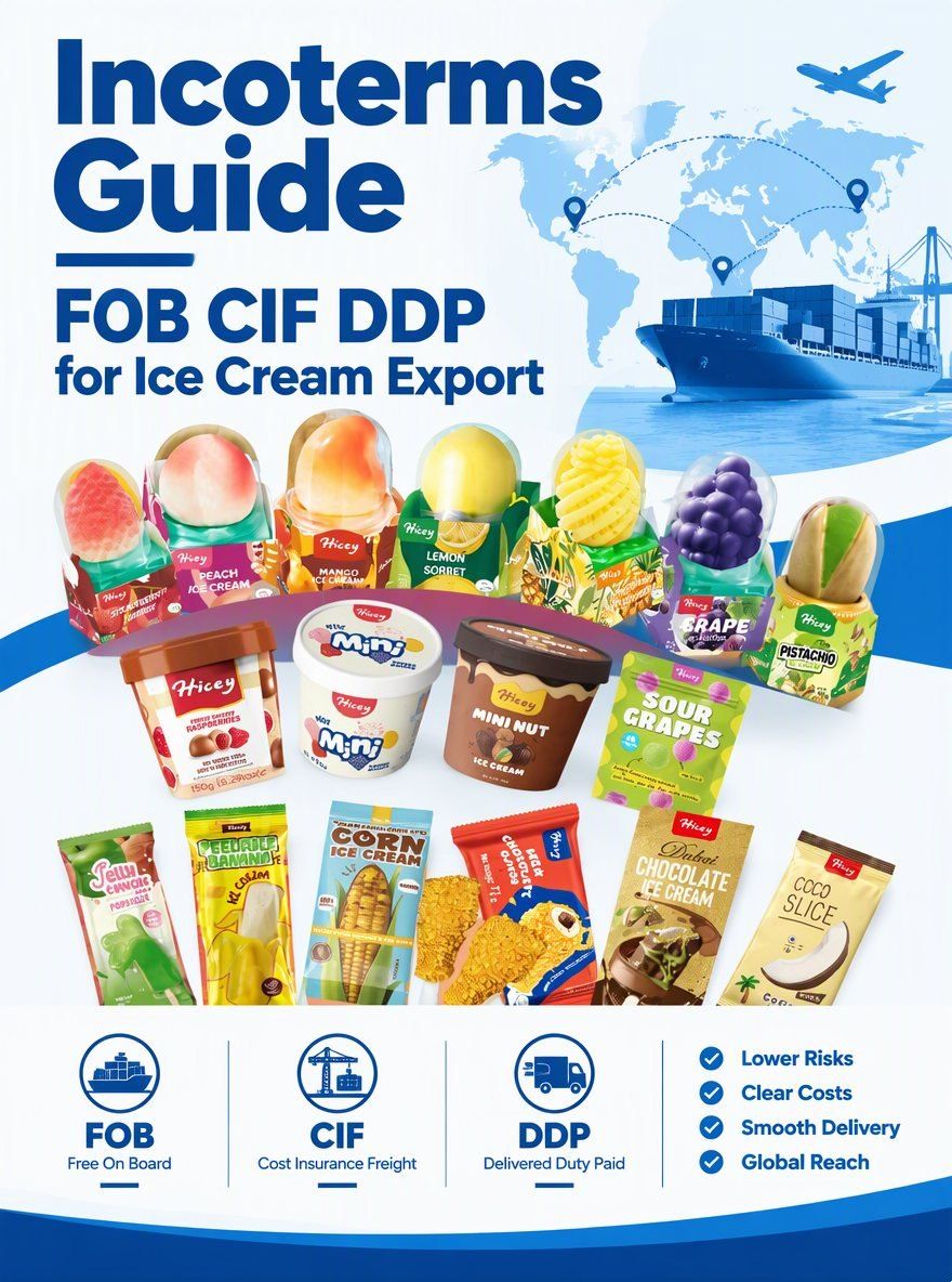 Which trade terms does Hicey accept for ice cream export — FOB, CIF or DDP