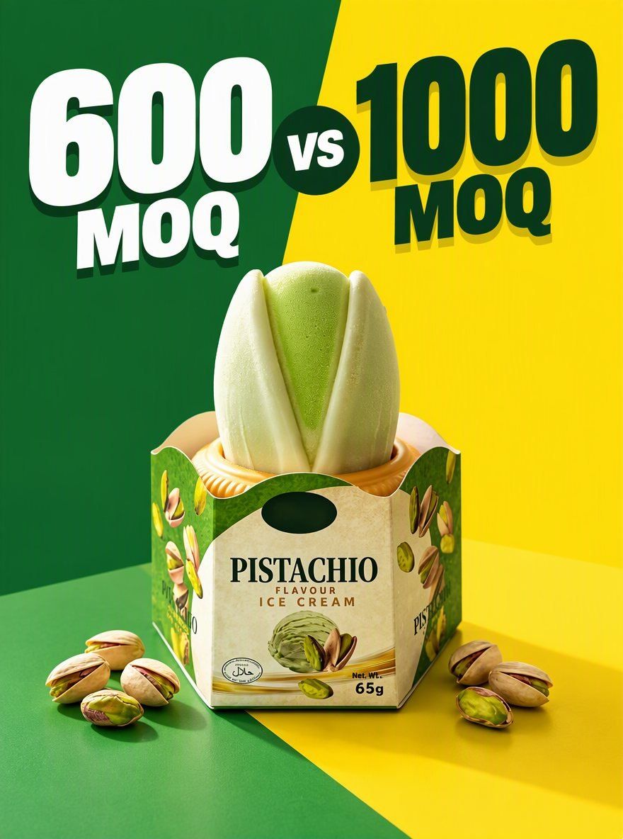 Why is the MOQ for custom packaging 600 cartons while OEM ice cream requires 1,000 cartons