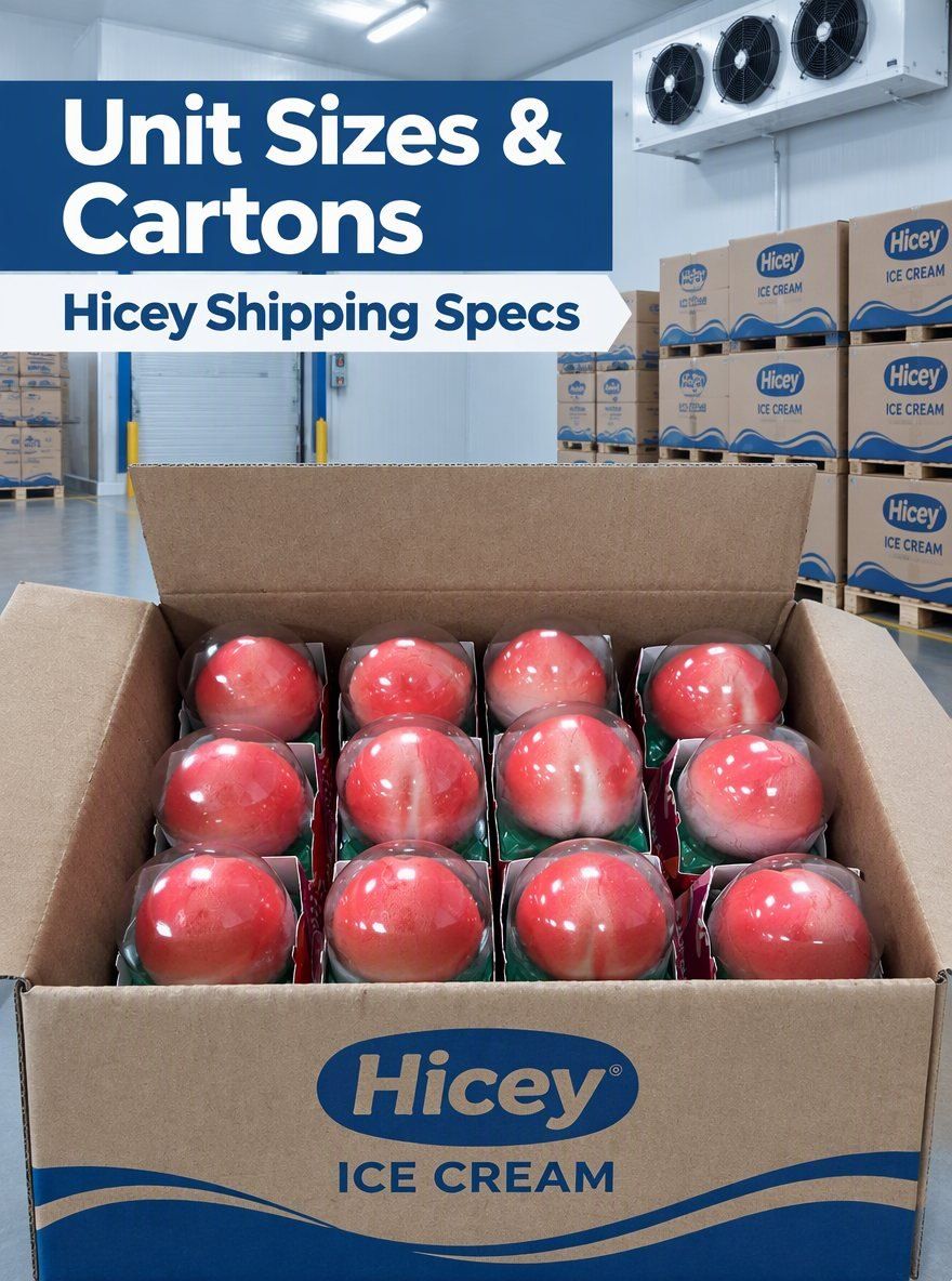 What unit sizes and carton formats does Hicey ice cream ship in